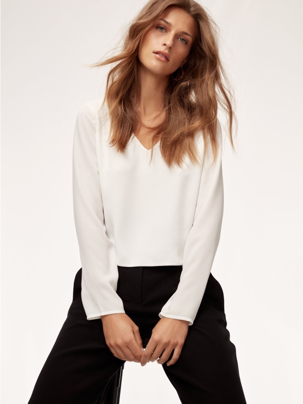 Aritzia White V-Neck Long-Sleeve Blouse